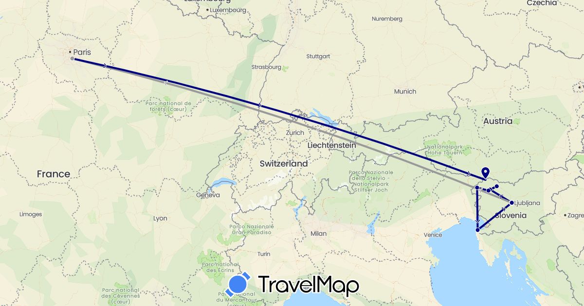 TravelMap itinerary: driving, plane in France, Slovenia (Europe)